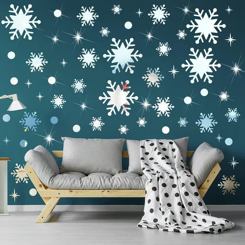 Vista 7 de Outus 193 calcomanías de pared de espejo de copo de nieve de Navidad, calcomanías de pared extraíbles de espejo acrílico 3D, decoración