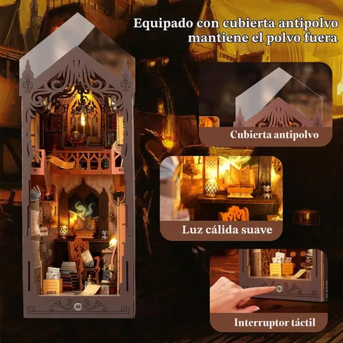 Vista 3 de Kit de rincón de libros, kit de casa en miniatura para bricolaje, casa de muñecas con cubierta antipolvo y luz LED, rompecabezas de sujetalibros