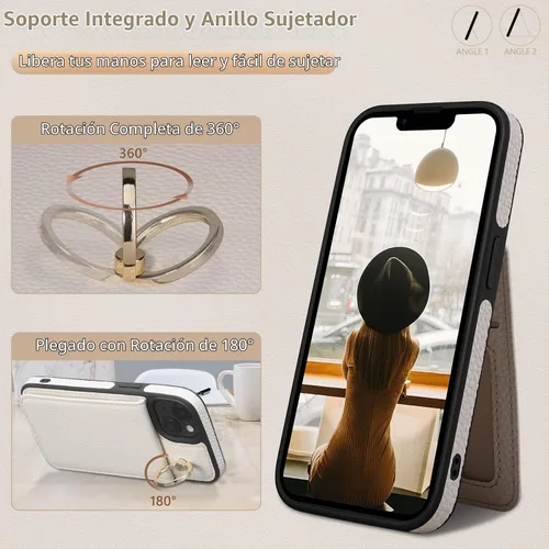 Vista 5 de Funda para iPhone 14 de 6.1'', Funda Cartera Cruzada Desmontable con Ranuras para Tarjetas con Bloqueo RFID, Anillo de Soporte de 360°, Funda Beige