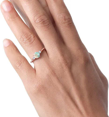 Vista 5 de Gem Stone King Anillo de compromiso de zafiro blanco con ópalo blanco de imitación de cabujón de oro rosa de 10 quilates para mujer