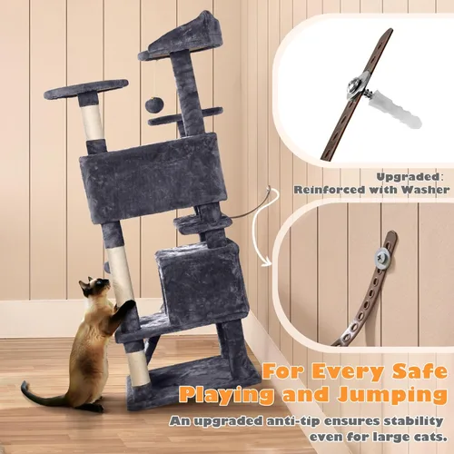 Vista 5 de Yaheetech Árbol para gatos de 54 pulgadas, torre para gatos de varios niveles con espaciosa percha de orejas de gatito, 2 cuevas acogedoras, postes