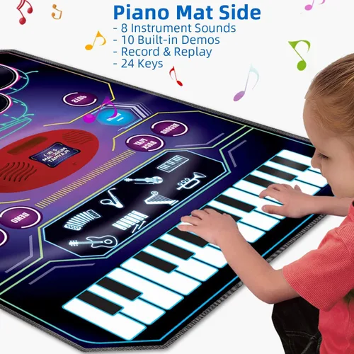 Vista 3 de Juguetes de aprendizaje musical 2 en 1 para niños y niñas, juego de batería + alfombrilla de piano Grabación y reproducción, canciones