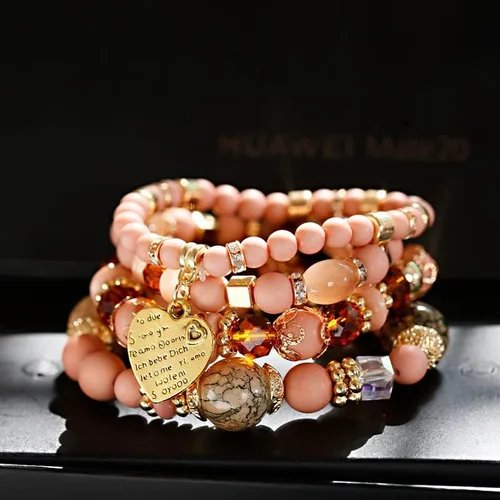 Vista 4 de LOLOMATO - Juego de pulseras bohemias de color rosa para mujer estilo étnico cuentas de piedra natural dije de tribu de color dorado pulsera