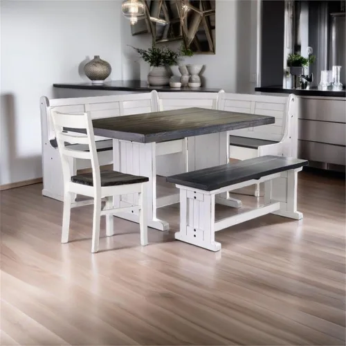 Vista 9 de Pemberly Row - Juego de rincón de desayuno de 4 piezas de madera estilo granja con almacenamiento oculto, asientos reversibles, ideal para espacios
