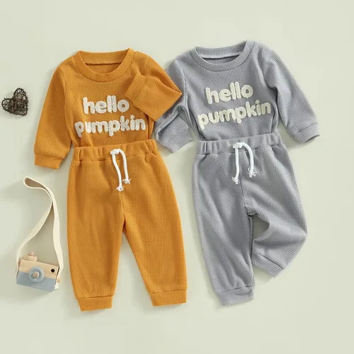Vista 9 de Toddler Baby Boy Halloween Outfit Hello Pumpkin Sweatshirt Pullover Tops Pants Fall Winter Clothes Set