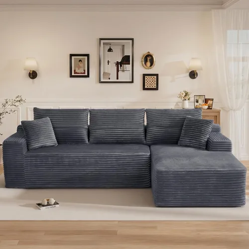 Vista 35 de Sofás seccionales sin hueso en forma de L de 108 pulgadas para sala de estar, moderno y cómodo sofá modular de pana comprimida de espuma