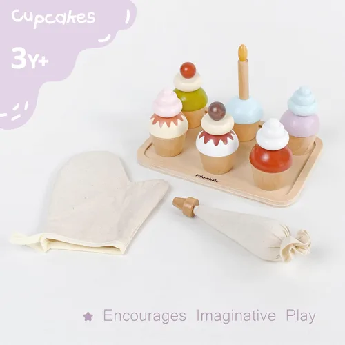 Vista 5 de Juguetes de madera para cupcakes, 21 piezas, juguetes de comida para hornear con coberturas intercambiables, regalo de fiesta de té Montessori