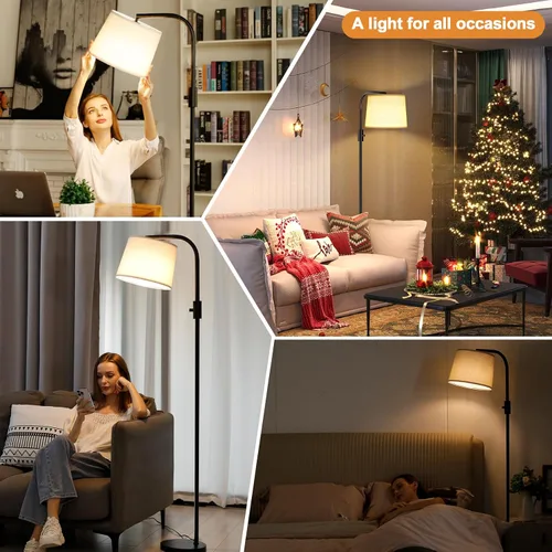 Vista 7 de Ambimall - Lámpara de pie de arco para sala de estar con interruptor giratorio, pantalla de lino Regulable, cabeza ajustable, bombilla LED de 9 W