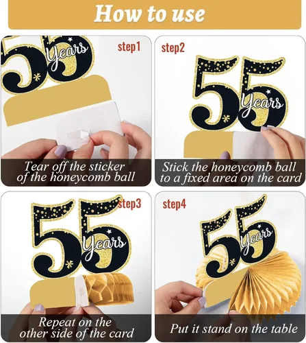 Vista 4 de 9 piezas de decoración de cumpleaños número 55 para centros de mesa de cumpleaños 55 para decoración de mesas, decoraciones de nido de abeja de 55
