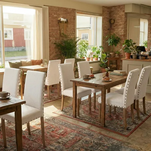 Vista 12 de Juego de sillas de comedor Parsons para cocina, tapizadas, modernas, de tela con respaldo alto y ribete de cabeza de clavo en bronce, paquete de 2