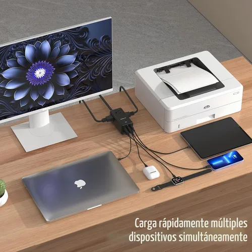 Vista 3 de NENJI Estación de carga USB C GaN de 75 W, regleta de alimentación 8 en 1 de carga súper rápida con 5 puertos USB y 3 puertos de CA, carga Negro