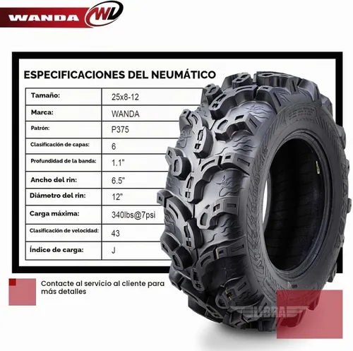 Vista 4 de WANDA Juego de 4 neumáticos Premium ATV/UTV 25x8-12 25x8x12 delanteros y traseros Super Lug Mud