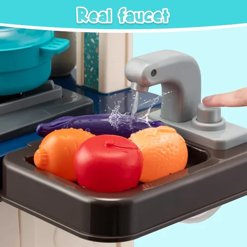 Vista 3 de Juego de cocina para niños, 53 piezas, estufa de cocina, fregadero de juego, horno, juguetes de cocina con luces y sonidos realistas, juguetes