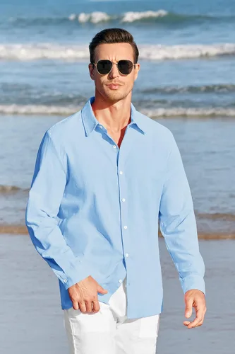 Vista 2 de Camisas con botones para hombre, manga larga, lino, playa, casual, algodón, para verano, ligeras