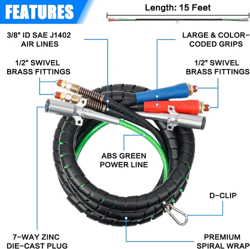 Vista 2 de Kit de manguera de aire ABS y energía 3 en 1 de 15 pies, envuelve línea eléctrica de 7 vías líneas de aire de goma para remolque de tractor semi