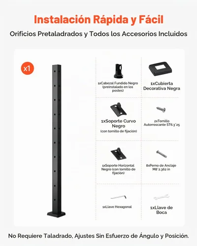 Vista 6 de VEVOR Poste de barandilla de cable de esquina, 10 agujeros, kit de sistema de barandilla de cable de acero inoxidable de 36 x 1 x 2 pulgadas