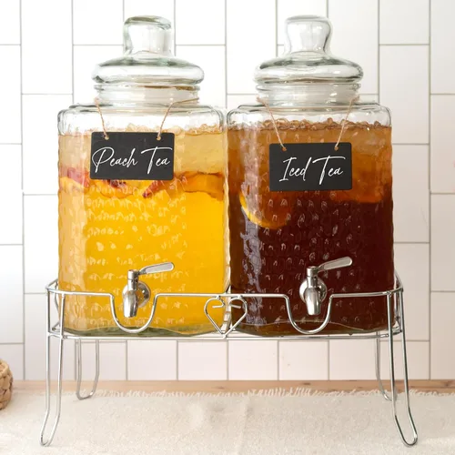 Vista 9 de Ilyapa Dispensador de bebidas de vidrio para fiestas - paquete de 3, dispensador triple de bebidas múltiples de 1 galón con soporte, tapas de madera