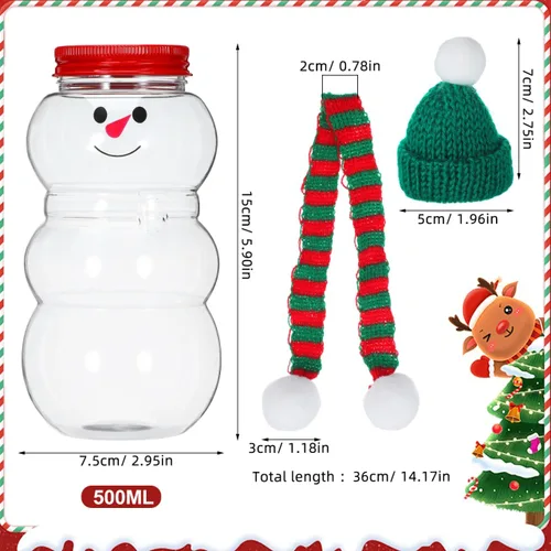 Vista 5 de PRETYZOOM 10 juegos de botellas de jugo de muñeco de nieve con tapa, tarro de plástico transparente de Navidad con bufandas de punto, sombreros