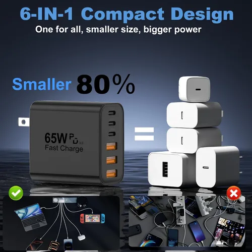 Vista 5 de Bloque de Cargador USB C, Paquete de 2 Cargadores de Pared USB C de 65W con 6 Puertos, Cargador de Pared para iPhone, Adaptador de Corriente PD+QC