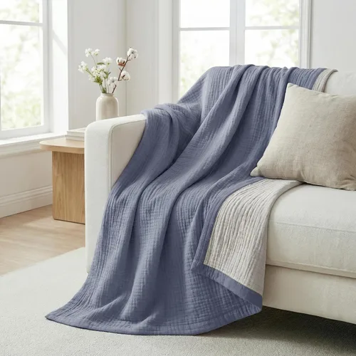 Vista 6 de Manta de gasa de algodón puro suave de 4 capas de 50 x 60 pulgadas, prelavada, sin flecos, manta de muselina ligera para uso multiusos y regalo Azul