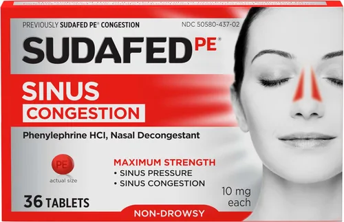 Vista 7 de Sudafed Tabletas de alivio de la congestión sinusal de PE, máxima fuerza, sin somnolencia, 10 mg de fenilefrina HCI descongestionante para presión