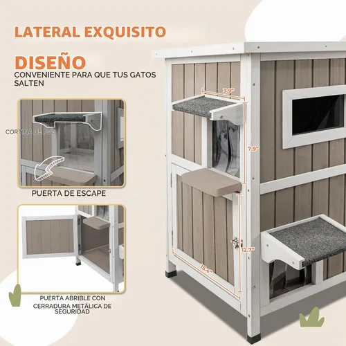 Vista 3 de Gowoodhut Casa para Gatos de Exterior de 36.1" de Largo, Refugio de Madera para Gatos de Exterior de 2 Pisos con 3 Puertas de Escape, Casa de Madera