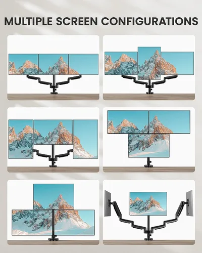 Vista 7 de ErGear Soporte de monitor triple para pantallas de 13 a 27 pulgadas, brazos de monitor triple con USB, soporte de tres monitores resistente