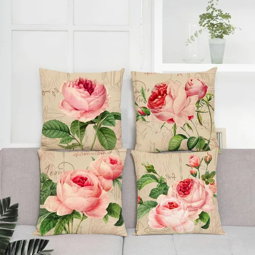 Vista 6 de YeeJu Juego de 4 fundas de almohada de color rosa de 12 x 12 pulgadas, fundas de cojín decorativas con diseño floral vintage, fundas de almohada