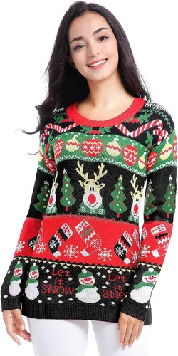 Vista 2 de v28 - Suéteres feos de Navidad variados, para mujer, suéter de punto con diseño de reno feliz