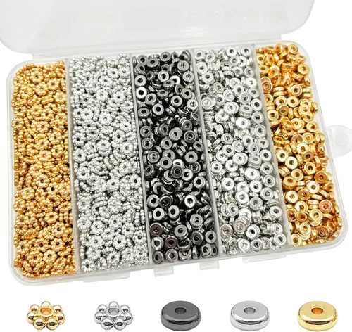 Vista 12 de 6 mm de cuentas espaciadoras planas redondas, 1480 piezas (280 redondas) - Oro, Plata, Negro - Plástico recubierto de cobre - Kit de fabricación