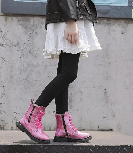 Vista 6 de DADAWEN Botas de tobillo con purpurina para niños y niñas, zapatos de combate impermeables con cremallera lateral para niños pequeños, niños grandes