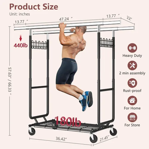 Vista 9 de Hoctieon Perchero de doble varilla de montaje en 2 minutos, estante resistente para ropa con ruedas, plegable para uso comercial, barra extensible