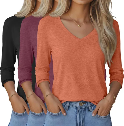 Vista 23 de Ficerd Paquete de 3 camisetas de manga 3/4 para mujer, cuello en V, blusas holgadas, blusas casuales, ropa de moda 2026