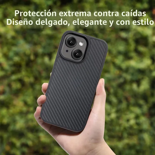 Vista 4 de Tigowos Funda para iPhone 15 Plus e iPhone 14 Plus Funda Protectora Hecha de Fibra de Aramida Real, Suave al Tacto, Parachoques de Carbono Negro-b