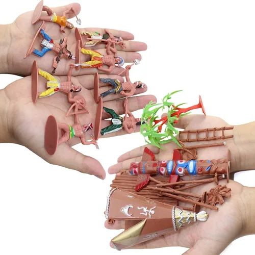 Vista 4 de Liberty Imports Juego de 58 figuras de plástico de vaqueros e indios del salvaje oeste, juguetes educativos cubo de indios nativos americanos