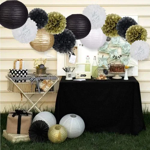 Vista 6 de Linternas de papel pompones de papel negro y dorado para decoración Negro/dorado