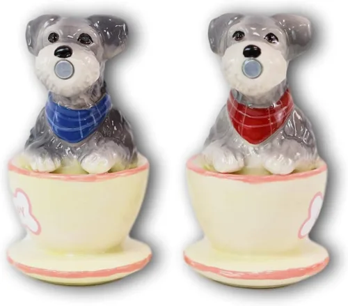Vista 2 de Ebros - Juego de salero y pimentero de cerámica gris Schnauzer en miniatura, juego de salero y pimentero, figuras de San Valentín, fiestas, cocina