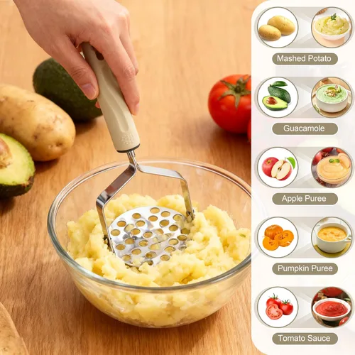 Vista 5 de Triturador de patatas de acero inoxidable, 2 piezas de puré de papas resistente, herramienta de cocina y trituradora de alimentos para papas