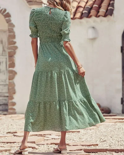 Vista 17 de BTFBM Vestidos para mujer, cuello redondo, casual, de verano, con volantes, manga corta, bohemio, con niveles, fruncido, largo, con estampado floral