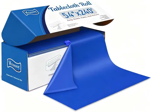 Vista 9 de Mantel desechable de plástico para mesas: 54 pulgadas x 120 pies, cubierta de mesa de plástico con cortador fácil de deslizar, manteles de plástico