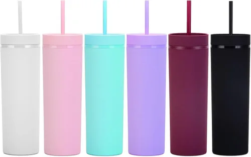 Vista 8 de Vasos negros mate con tapas y popotes. Vasos delgados de 16 onzas a granel. Vasos acrílicos de plástico de doble pared pastel para batidos de café