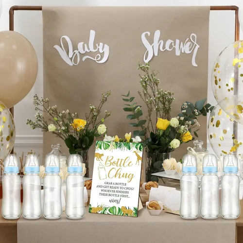 Vista 2 de TrelaCo Safari Cool Baby Shower Games Bottle Chug Sign Wooden Jungle Animals Set de regalo para revelación de género suministros de fiesta y 12