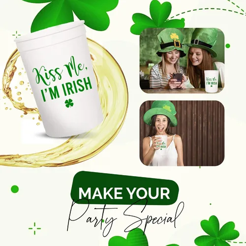 Vista 5 de Kiss Me I'm Irish - Juego de tazas de plástico para el día de San Patricio, 12-16 onzas para recuerdos de fiesta y decoraciones temáticas de trébol