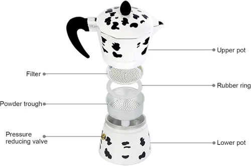 Vista 7 de Cafetera de aluminio - Cafetera - Olla de color vaca leche - para el hogar, oficina café (3 tazas leche vaca color 5.1 fl oz)