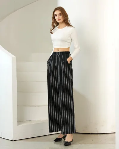 Vista 3 de noflik Women's Business Casual Pull On Work Office Stretch Crepe Solid High Waist Pleated Wide Leg Full Legth Palazzo Pants