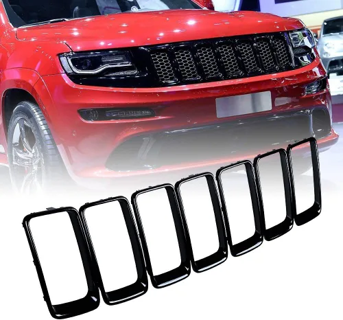 Vista 2 de 7 piezas de cubierta de rejilla frontal negra brillante compatible con modelos Jeep Grand Cherokee 2014-2016
