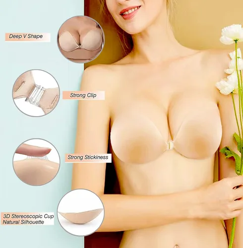 Vista 3 de 2023 Upgrad 3 Pairs Strapless Sticky Bra Invisible Lift up Adhesive Push up Bra Backless Bra for Womens Beige