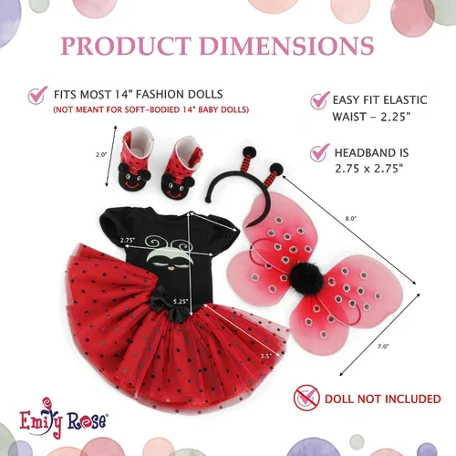 Vista 5 de Emily Rose Magical Lady Bug - Disfraz de Halloween de 5 piezas de 14 pulgadas con alas extraíbles, diadema de antena y botas. Ropa y accesorios