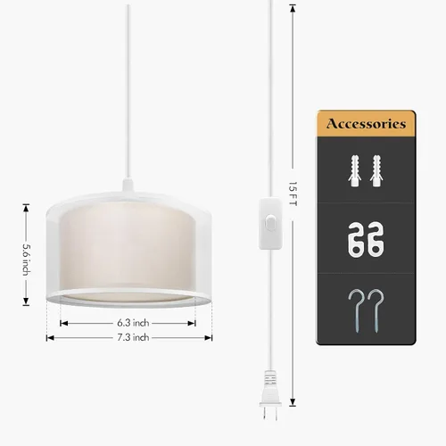 Vista 5 de Lámpara Colgante Enchufable, Luces Colgantes con Cable Blanco de 15 Pies con Cable Enchufable, Luz Colgante con Interruptor de Encendido/Apagado