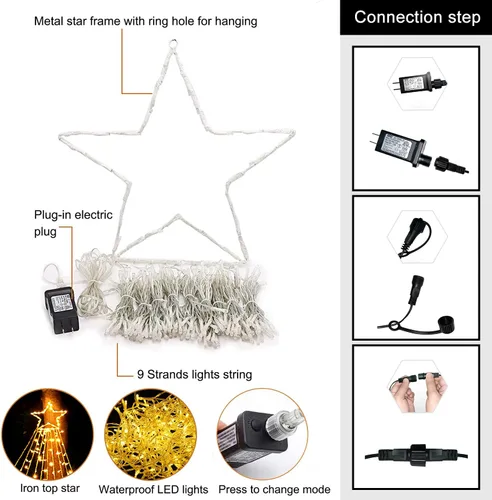 Vista 7 de Luces de Cadena de Estrella de Navidad, 320 Luces LED de Cascada para Árbol con Estrella Superior de 13", 8 Modos de Iluminación para Interiores